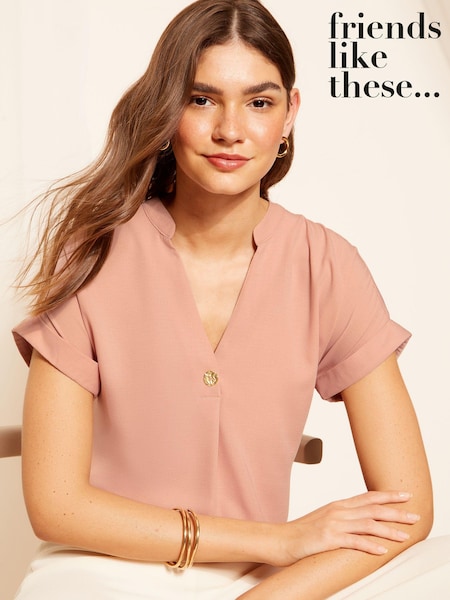Розовый - Friends Like These V Neck Roll Sleeve Button Blouse (B62099) | €34