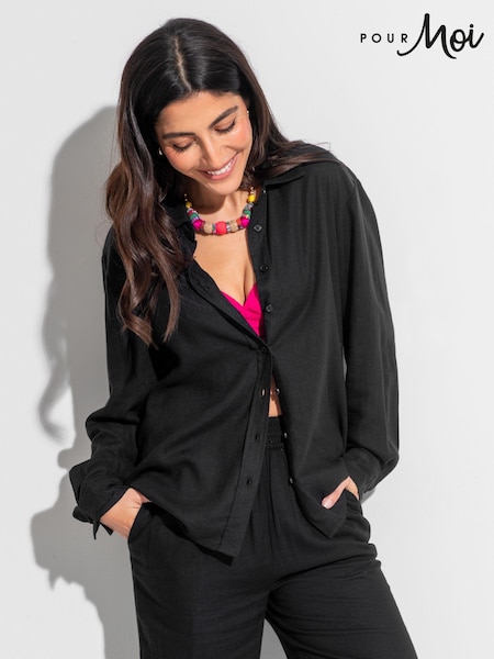 Negru - Pour Moi Wren Button Through Long Sleeve Shirt (B62128) | 290 LEI