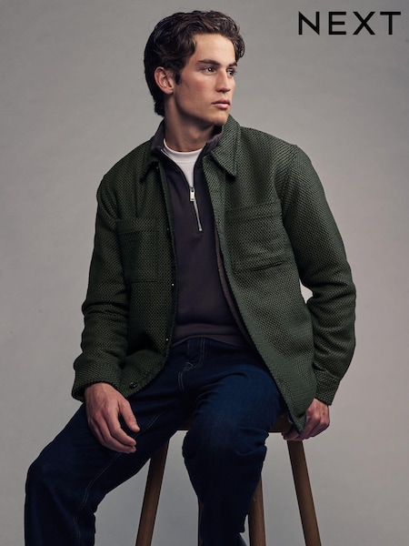 Dark Green Borg Lined Textured 100% Cotton Shacket (B62226) | R$ 620