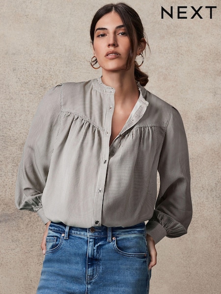 أسود/رمادي مقلم - Washed Ruffle Neck Long Sleeve Blouse (B62245) | ‏95 د.إ.‏