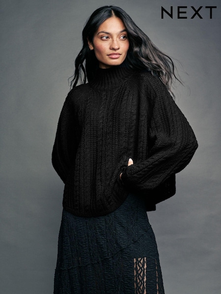 Black Cable Knitted Poncho Jumper with Wool (B62467) | €29