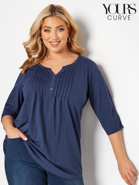 Yours Curve Blue Pintuck Henley Top (B62559) | $41