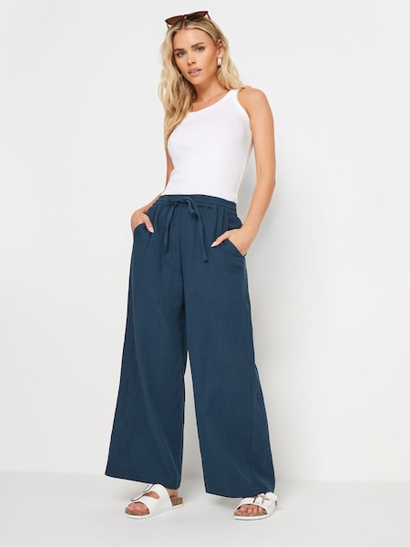 Albastru - PixieGirl Petite Bonded Cravată Waist 100% Cotton Pantaloni (B62755) | 121 LEI