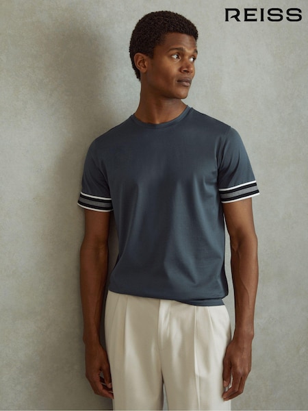 Stahlblau - Reiss Dune Mercerised Cotton Striped T-Shirt (B62807) | 90 €