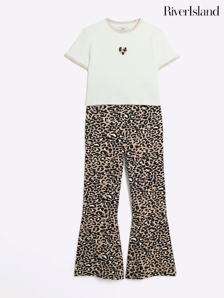 River Island Girls Leopard 100% Cotton T-Shirt and Kickflare Set (B63089) | 125 LEI