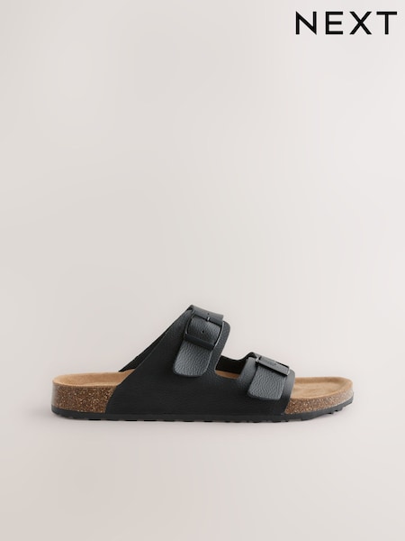 Negru - Leather Two Buckle Sandals (B63177) | 216 LEI