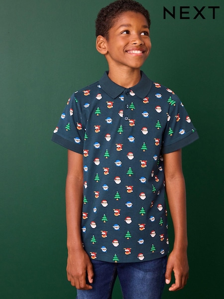 Navy Blue Christmas Short Sleeve 100% Cotton Polo Shirt (3-16yrs) (B63178) | AZN 27 - AZN 40