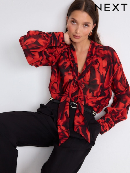 Red Bow Print Long Sleeve Tie Neck Blouse (B63197) | €29