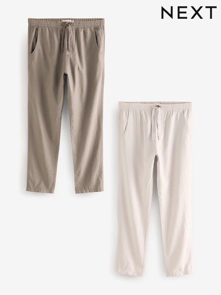Mushroom Brown/Light Grey Linen Cotton Elasticated Drawstring Trousers 2 Pack (B63202) | €64