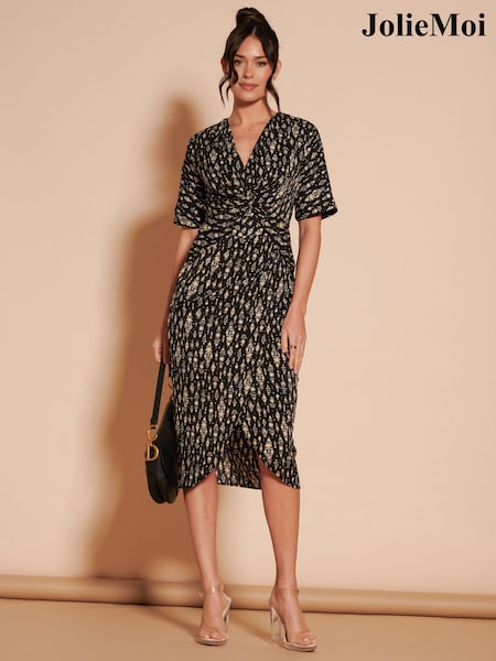 Jolie Moi Black Print Twist Front Tulip Midi Dress (B63441) | €83
