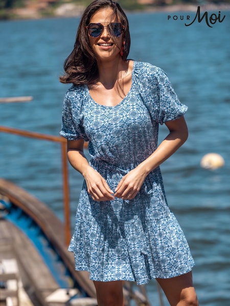 Pour Moi Blue 100% Cotton Sienna Short Sleeve Tie Waist Pointelle Jersey Dress (B63442) | $68