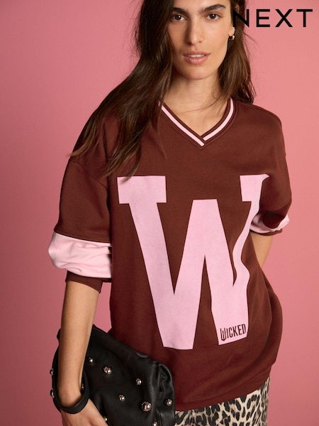 Burgundy Red Official Wicked Movie License Varsity Graphic Vee Neck Sweatshirt (B63591) | AED88