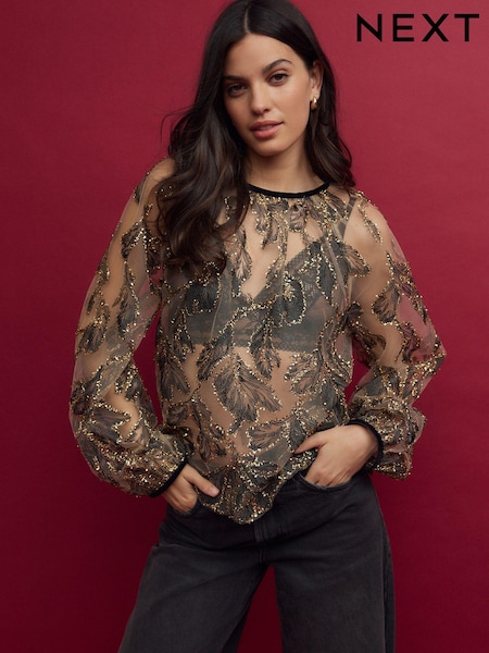 Aur Champange - Sheer Embellished Mesh Long Sleeve Volume Blouse (B63765) | 220 LEI