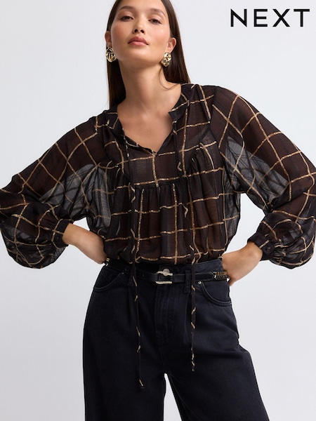 Black/Brown Check Long Sleeve Metallic Tie Neck Blouse (B63770) | €10