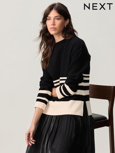أسود/بيج كريمي مخطط نمط أحادي - Compact Cosy Crew Neck Jumper With Side Split Detail (B63793) | ‏153 ر.ق.