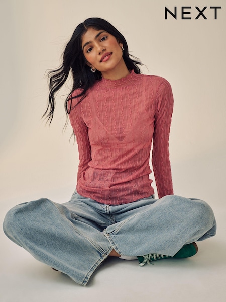 Rose Pink Textured Mesh Roll Neck Top (B64134) | 25 QAR