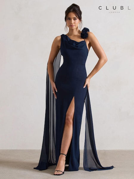 Club L London Angeline Chiffon Draped Split Maxi Dress With Corsages (B64277) | 429 LEI
