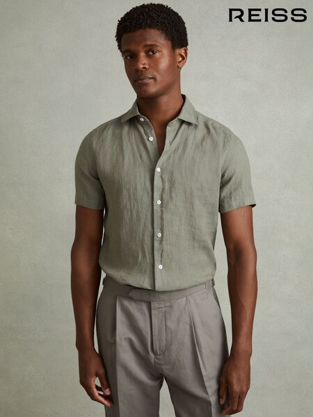 Reiss Pistachio Holiday Slim Fit Linen Shirt (B64435) | AED634