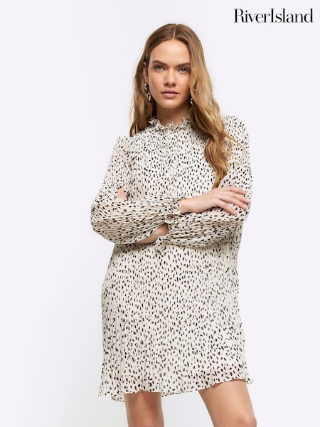 River Island Cream Plisse Leopard Print Shift Dress (B64477) | €30