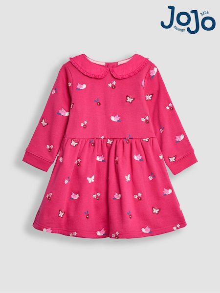 JoJo Maman Bébé Raspberry Pink Bird Embroidered Sweat Dress With Collar (B64555) | AED160