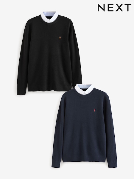Black/Navy Oxford Mock 100% Cotton Shirt Jumper 2 Pack (B64622) | €92