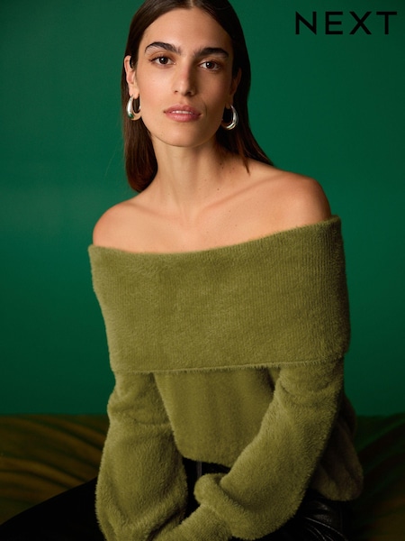 Olive Green Fluffy Off Shoulder Bardot Jumper (B64640) | € 13