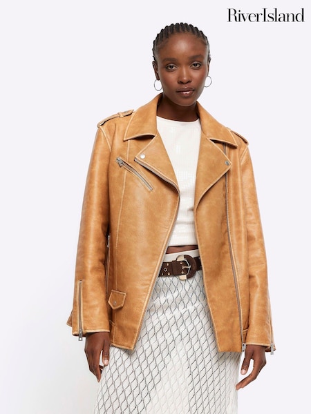 River Island Brown Oversized Distressed Biker Jacket (B64649) | €47.50