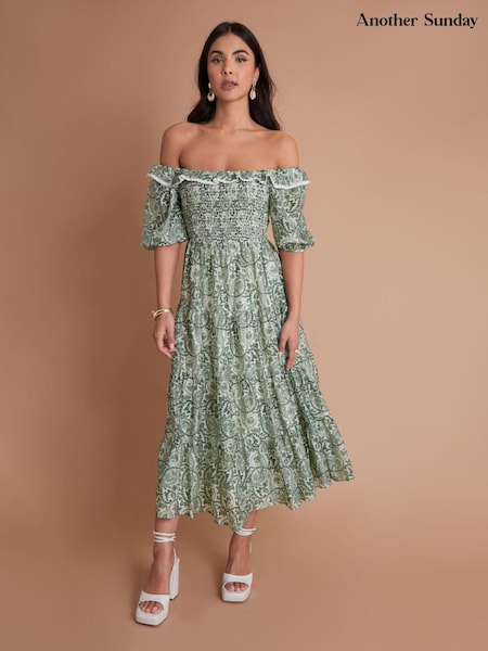 Another Sunday Green Bardot Milkmaid Lace Trim Detail Midi Tiered Dress (B64663) | AED151