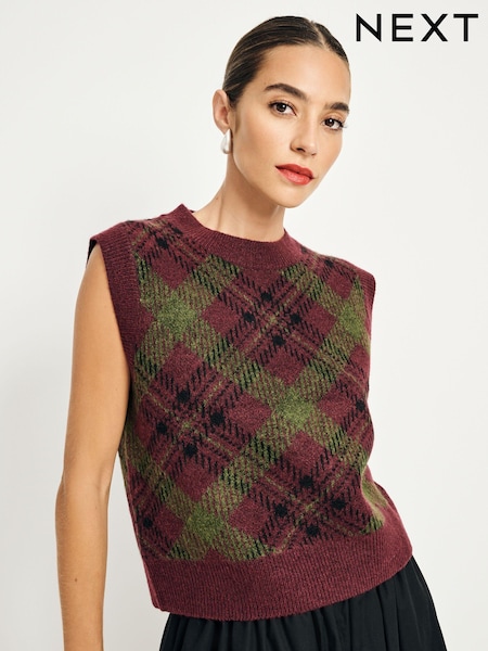 Burgundy Olive Tartan Sleeveless Crew Neck Knitted Jumper Tank Vest Top with Wool (B64686) | €21