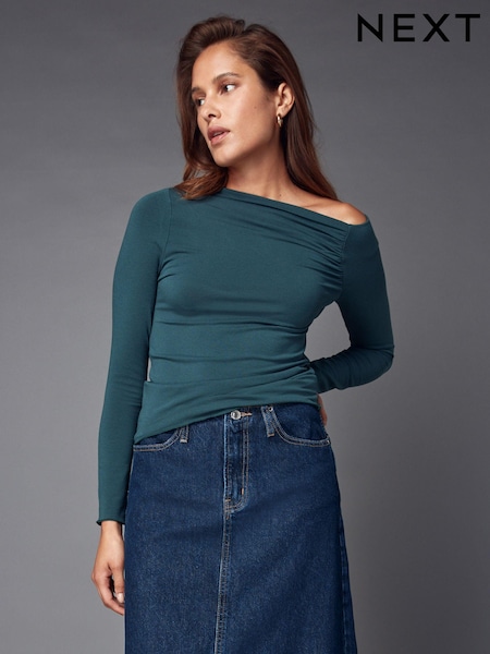 Blue Long Sleeve Asymmetric Gathered Top (B64759) | 54 QAR