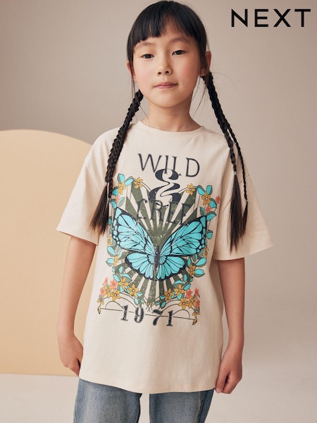 Neutral Oversized Butterfly Graphic 100% Cotton T-Shirt (3-16yrs) (B64768) | 31 QAR - 48 QAR