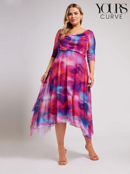 Vaaleanpunainen - Yours Curve Vesiputouskaulus Mesh Midi- Mekko (B64801) | €87