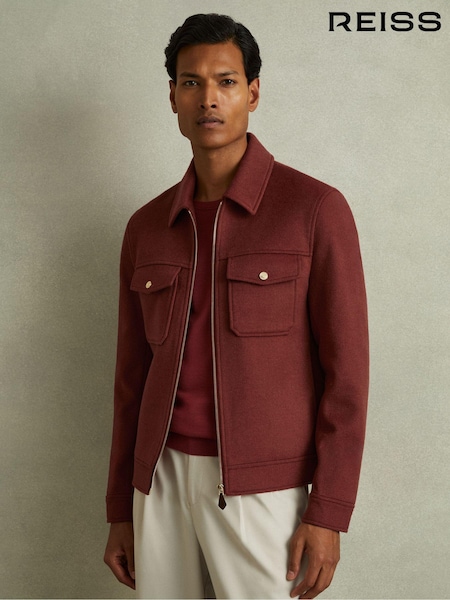 Reiss Rust Red Peridoe Zip-Through Trucker Jacket with Wool (B64854) | €403