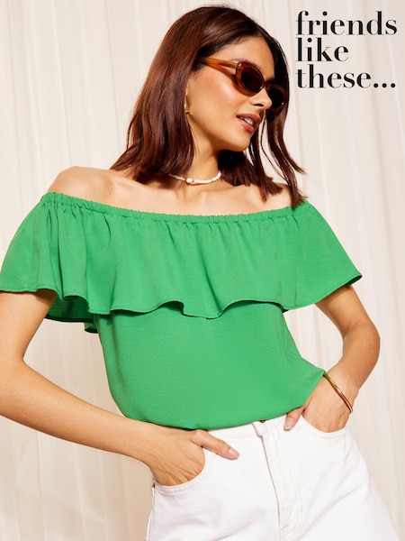 Friends Like These Green Airflow Ruffle Linen Look Bardot Blouse (B64889) | 84 QAR