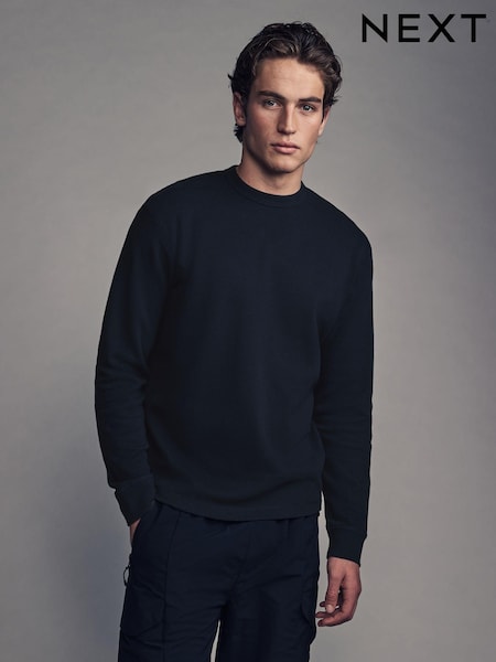 Navy Blue Long Sleeves Waffle Texture Crew 100% Cotton T-Shirt (B65011) | 49 QAR