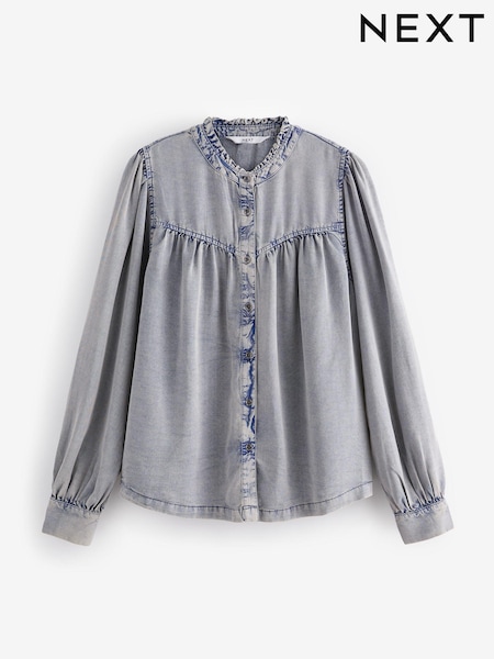 أزرق - Washed Ruffle Neck Long Sleeve Blouse (B65024) | ‏111 د.إ.‏