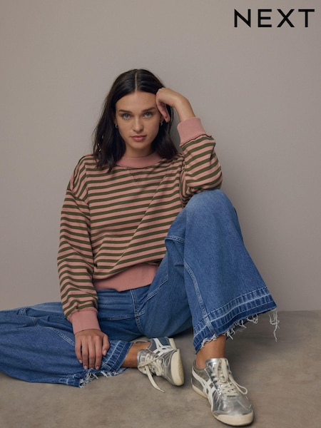 Pink/Khaki Green Striped Raw Edge Seam Detailing Jersey Crew Neck 100% Cotton Sweatshirt (B65061) | €28