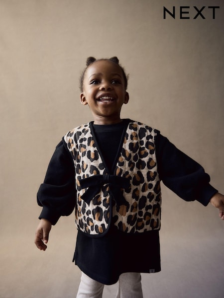 Black / Leopard Print Gilet and Sweat 100% Cotton Dress Set (3mths-7yrs) (B65115) | AED56 - AED71