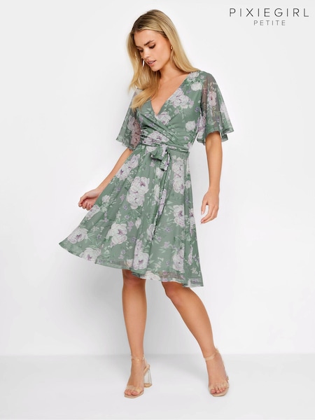 Vihreä - Pixiegirl Petite Floral Print Mesh Wrap Dress (B65250) | €61
