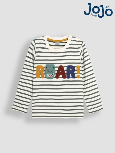 JoJo Maman Bébé Khaki Ecru Stripe Roar Appliqué Top (B65361) | €30