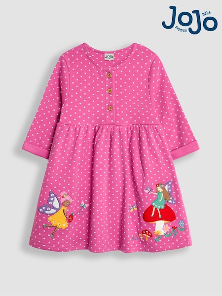 JoJo Maman Bébé Fuchsia Pink Fairy Appliqué Button Front Dress (B65396) | €39