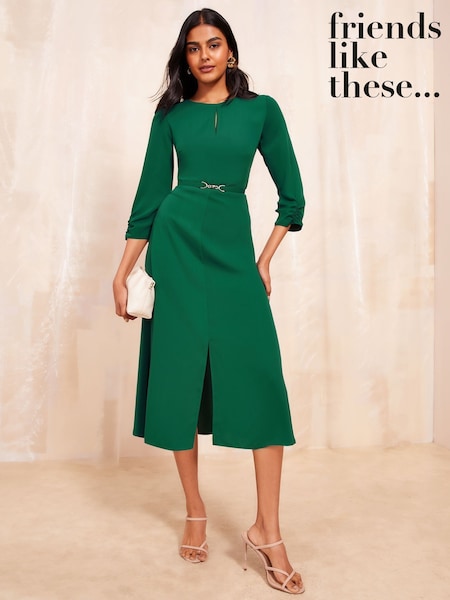 Friends Like These Green Tulip Sleeve Belted Flute Hem Dress (B65413) | AED142