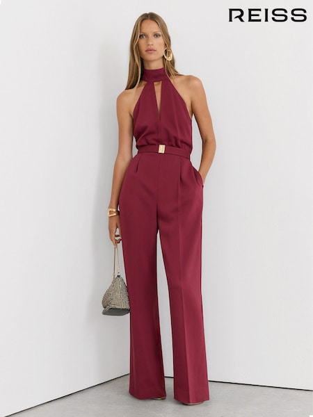 Red - Reiss Jodie Halterneck Belted Wide-leg Jumpsuit