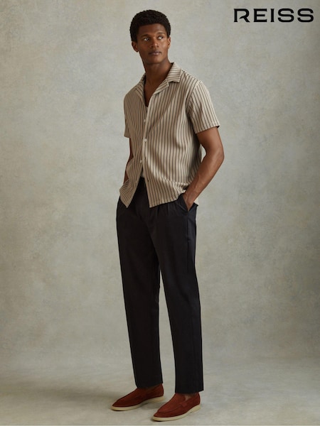 Reiss Sand/Navy Neptune Ribbed Striped Cuban Collar Shirt (B65660) | AED634