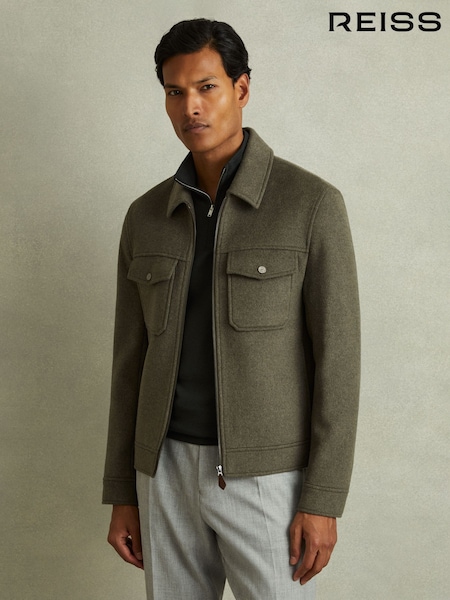 Reiss Green Smoke Peridoe Zip-Through Trucker Jacket with Wool (B65689) | €157
