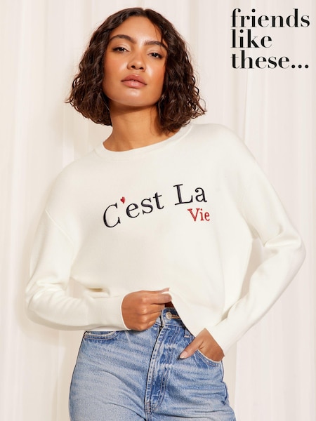 Cream - Pulover cu text Friends Like These Mânecă lungă Tricou la baza gâtului (B65746) | 150 LEI
