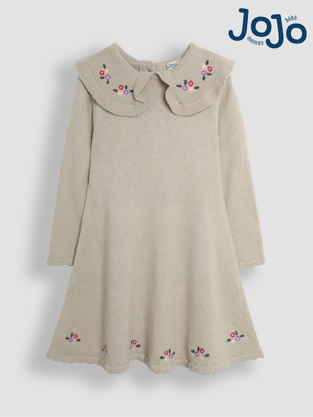 JoJo Maman Bébé Grey Flower Embroidered Collar Knit Dress (B65796) | €54