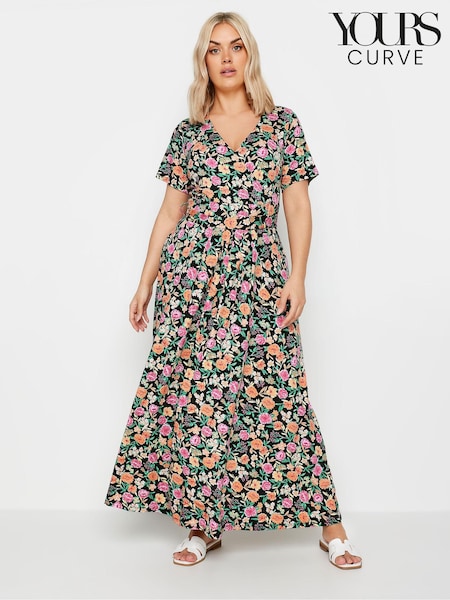 Yours Curve Pink & Orange Navy Blue Floral Print Wrap Maxi Dress (B65902) | €55