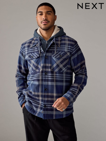 Navy Blue Check Hooded Borg Lined Shacket (B65925) | R$ 690