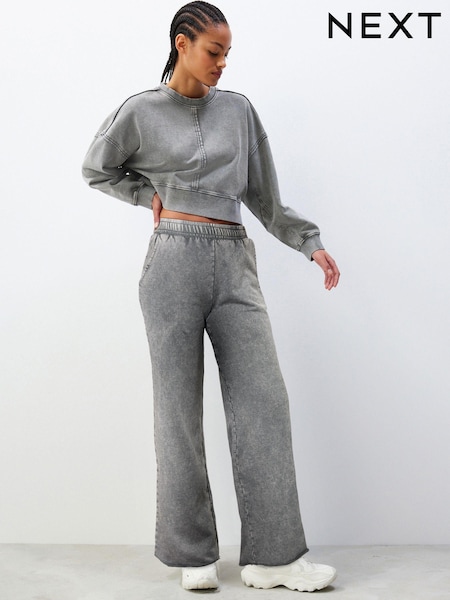 Grey Charcoal 100% Cotton Wide Leg Washed Seam Detail Track Trousers Joggers (B65995) | AED67